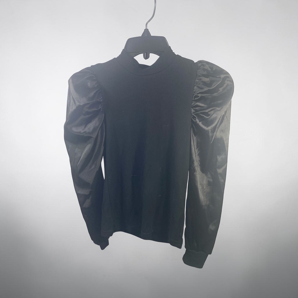 SHEIN Girls Black Ribbed Mock Neck Top Satin Puff Long Sleeve Size 10Y